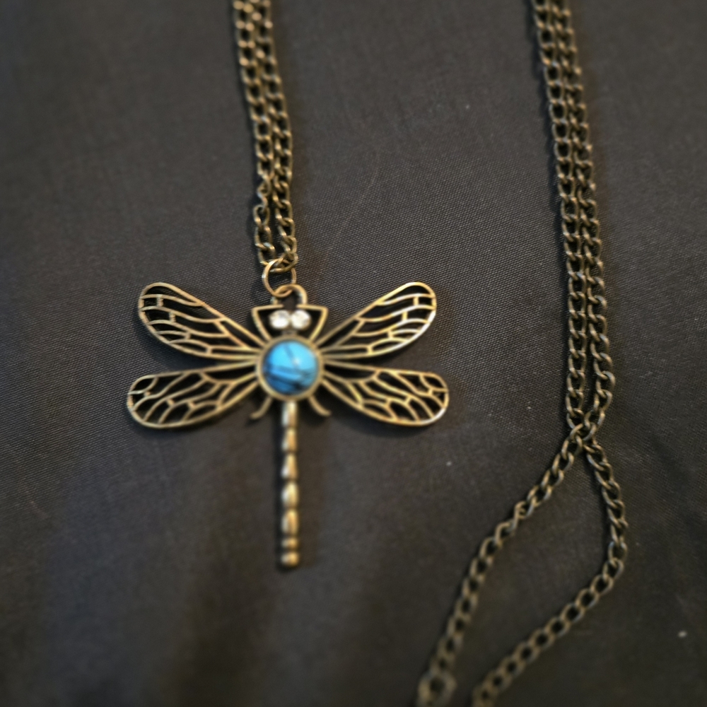 Gold Dragonfly Pendant Necklace with Turquoise Accent - Picture 3 of 5